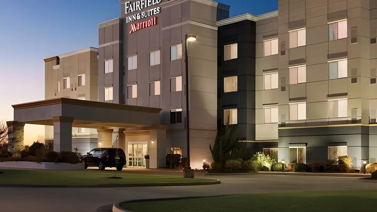 Completed hotel building at dusk