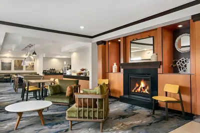 Hotel lobby with a fireplace