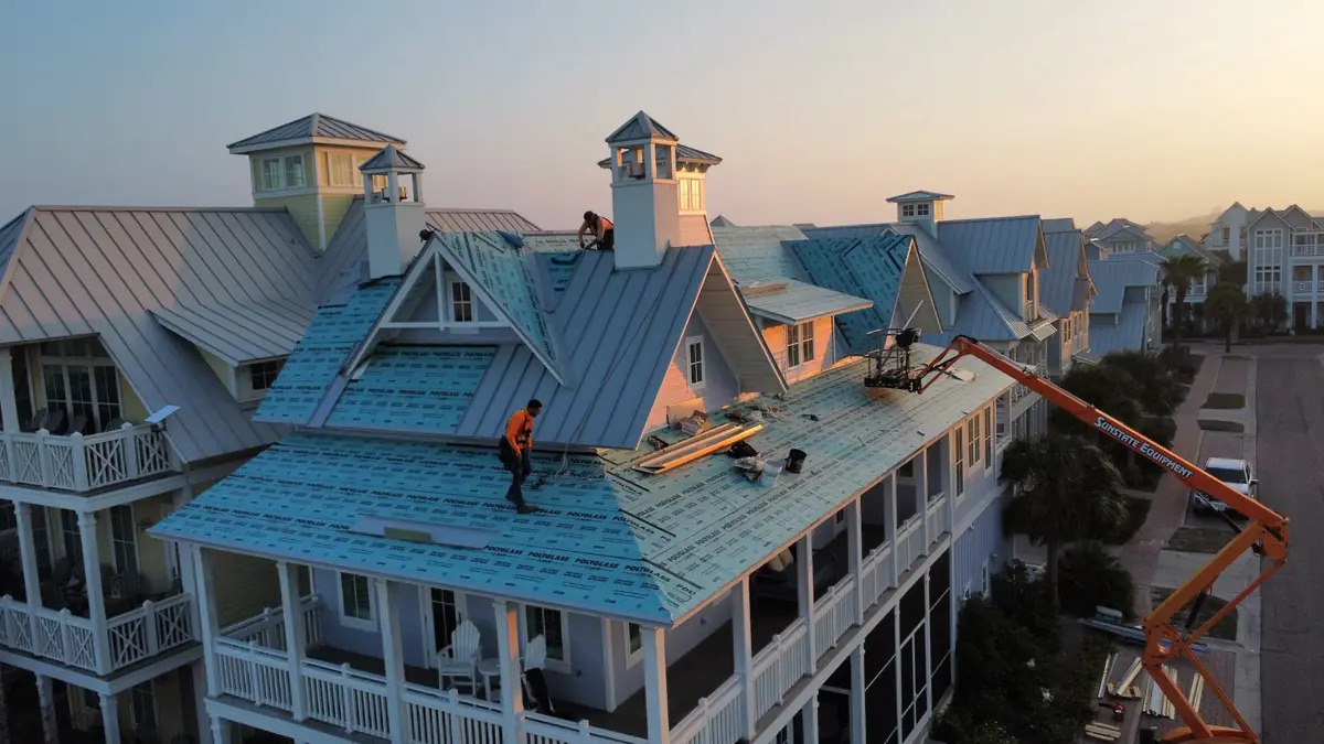 Aerial view of coastal home roofs