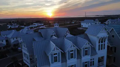 Aerial view of rooftops at sunset