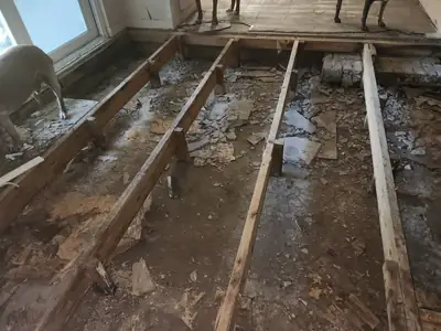 Subfloor opened to the joists