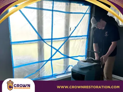 Technician beside a window sealed with tape