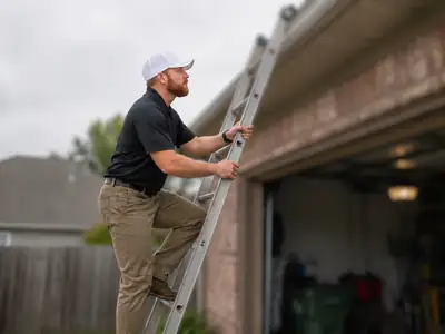 Inspector on a ladder at a garage
