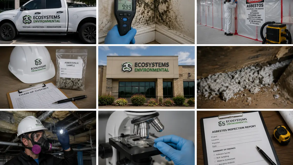 Photo collage from EcoSystems Environmental, Inc. showing a company pickup truck, the office front and gloved sampling work