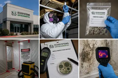 Photo collage of EcoSystems Environmental, Inc. sampling kits, testing equipment and a technician in protective gear