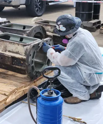 Technician in a protective suit with a sprayer