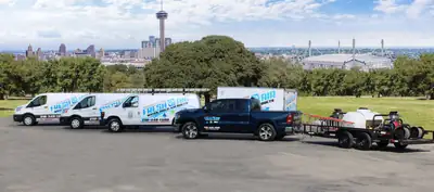 Fleet of Fresh Air Restoration and Cleaning branded vehicles