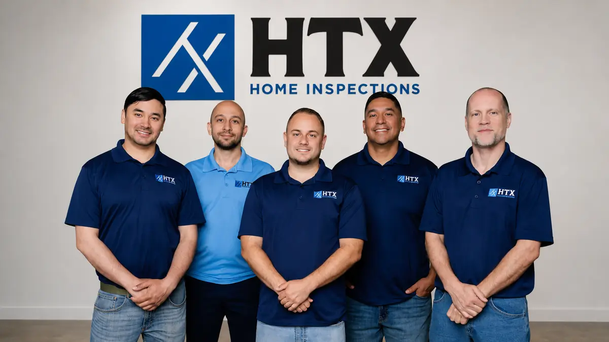The HTX Home Inspections, PLLC team in front of a company banner