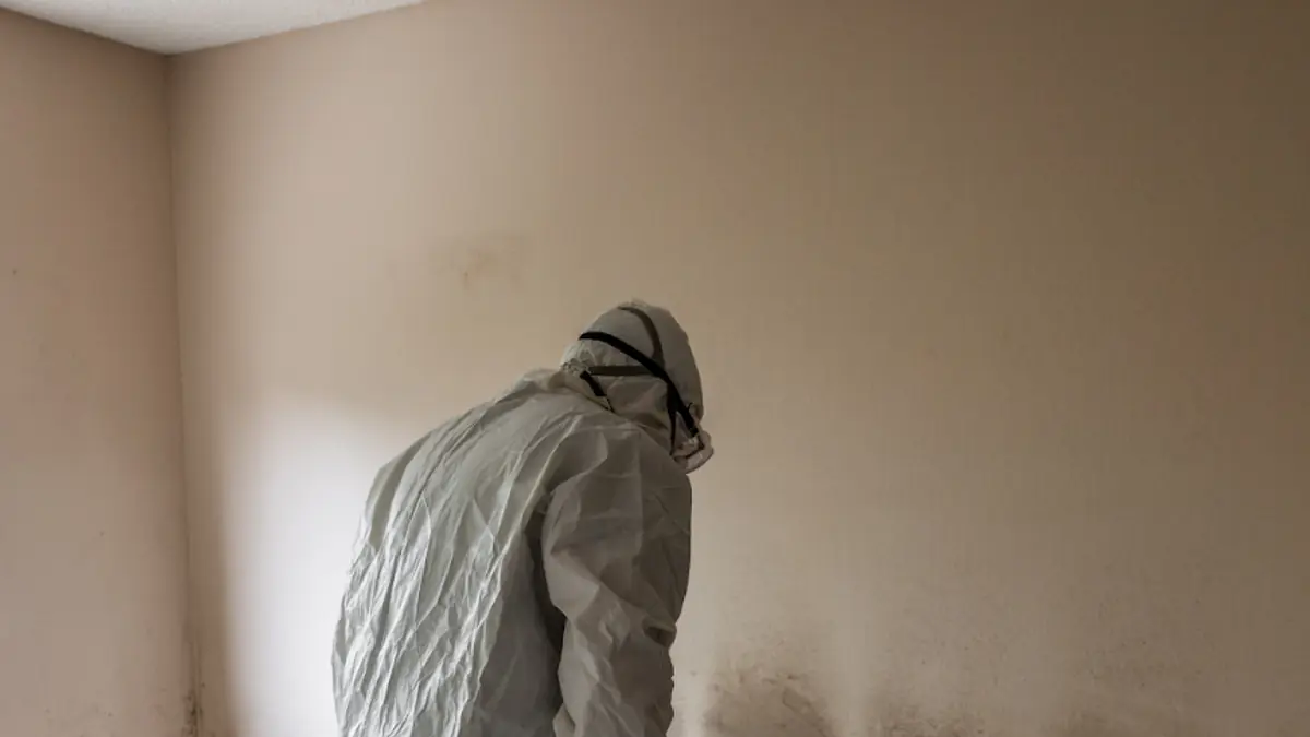 Technician in a protective suit inspecting a damaged room