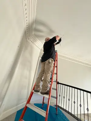 Technician on a ladder checking an upper wall