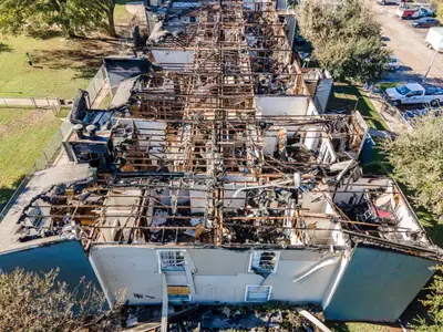 Aerial view of a fire-damaged building