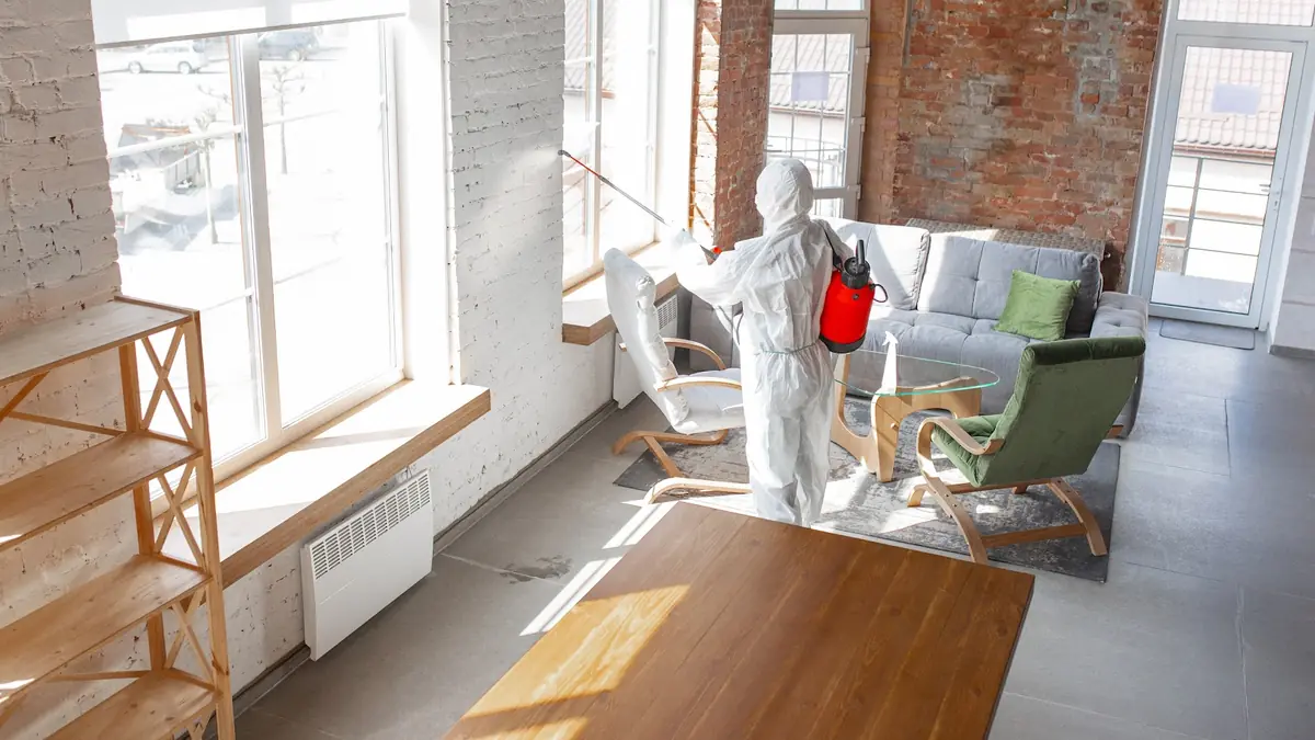 Technician in a protective suit working in a room
