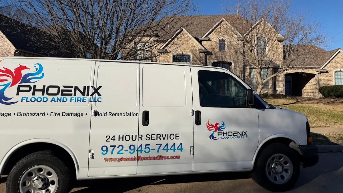 Phoenix Flood and Fire LLC branded van outside a home