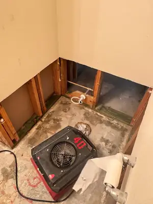 Floor removed to expose damage