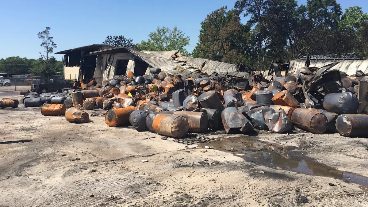 Fire-damaged site with debris