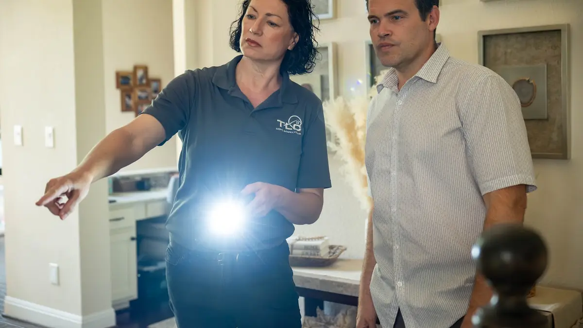 TLC Inspections inspector pointing out a ceiling issue with a flashlight