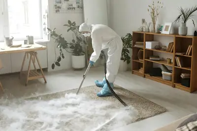 Technician in a protective suit cleaning a floor
