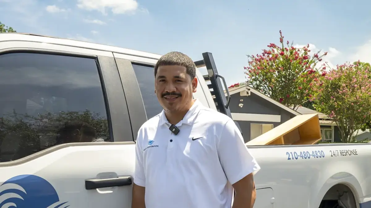 Wavy Restoration owner beside a branded work truck