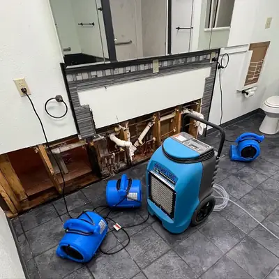 Dehumidifier and air movers in a bathroom