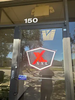 Office door with company logo