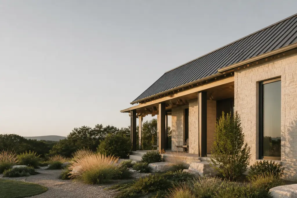 Pale limestone Hill Country home with a metal roof and native grasses, typical near Austin