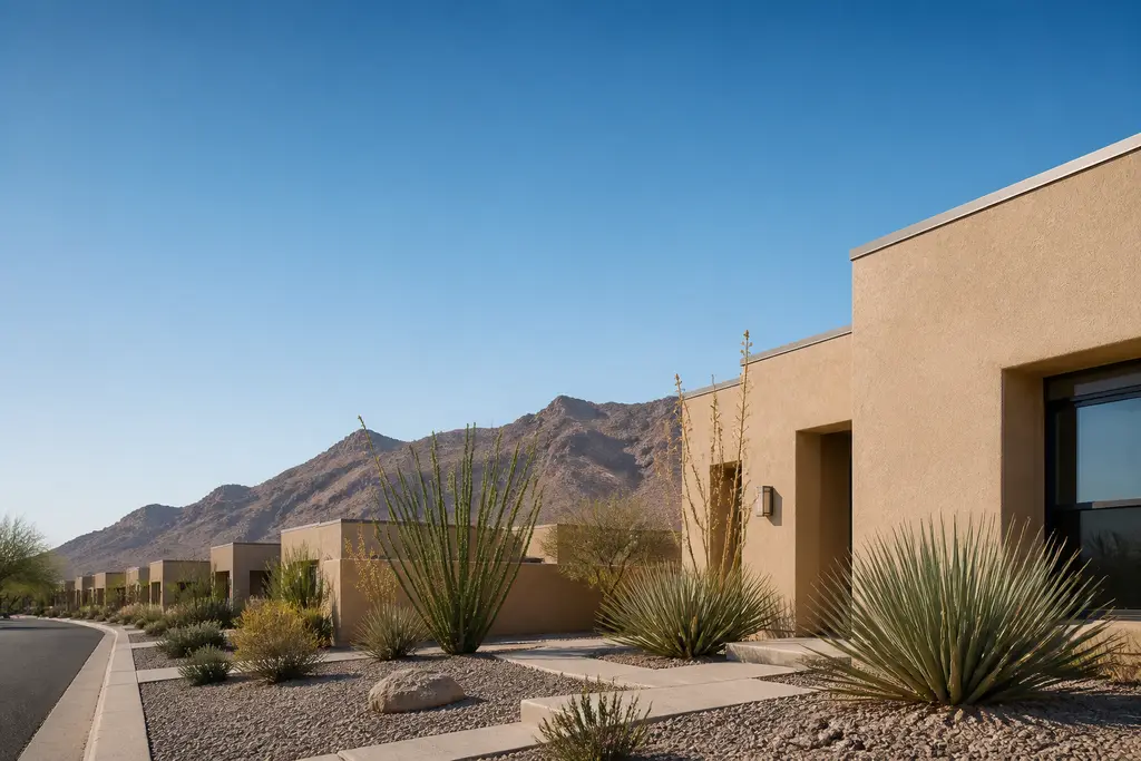 Tan stucco desert homes with ocotillo and sotol, mountains behind, typical of El Paso