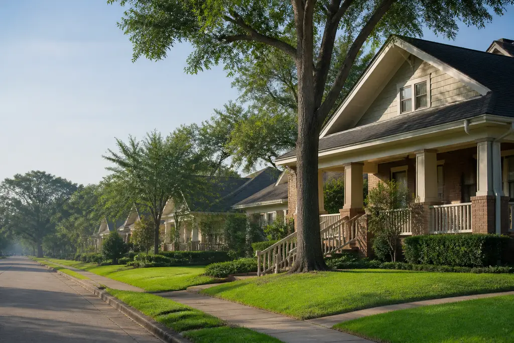 Raised brick bungalows with deep porches under shade trees, typical of Houston neighborhoods