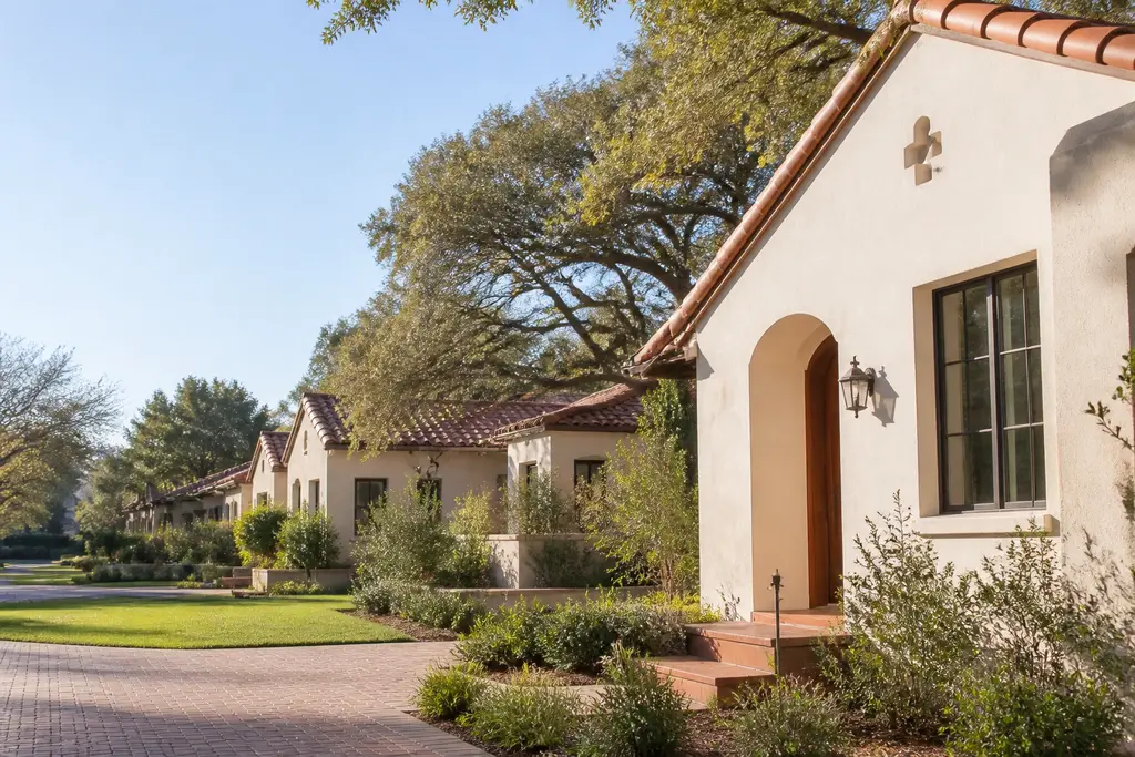 Cream stucco homes with terracotta tile roofs under live oaks, typical of San Antonio